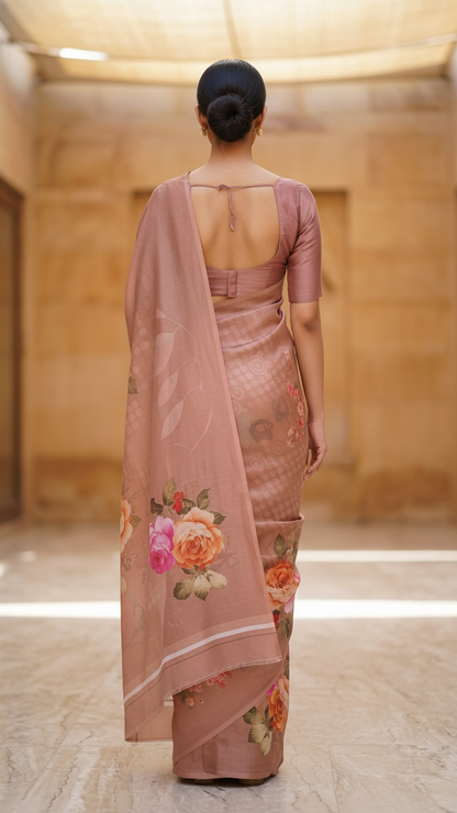 Dusty Rose Soft Crepe Saree | Romantic Rose Bouquet Print | Blouse Piece Included