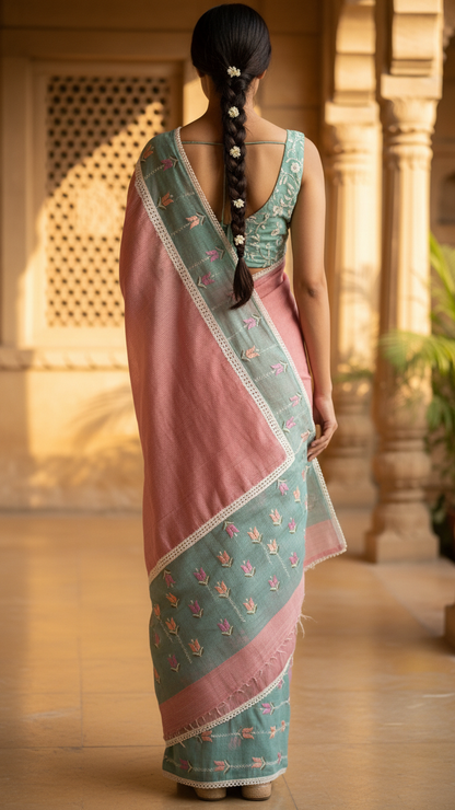 Pure Tissue Saree | Hand Embroidered Tulip Butis with Crochet Lace Border | Blouse Piece Included | 2 Colours
