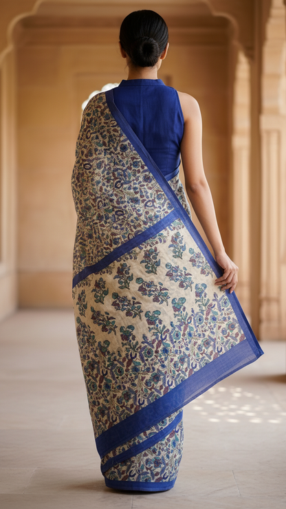 Ivory Habutai Silk Saree | Blue & Teal Kashmiri Jaal Print with Royal Blue Border | Blouse Piece Included