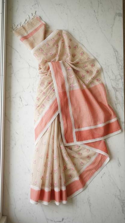 Pure Tissue Saree | Hand Embroidered Tulip Butis with Terracotta Border & Crochet Lace Trim | Blouse Piece Included