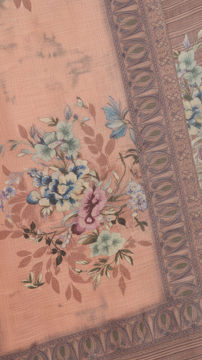 Peach Sanchita Chanderi Saree | Digital Floral Print | Woven Paisley Border | Blouse Piece Included
