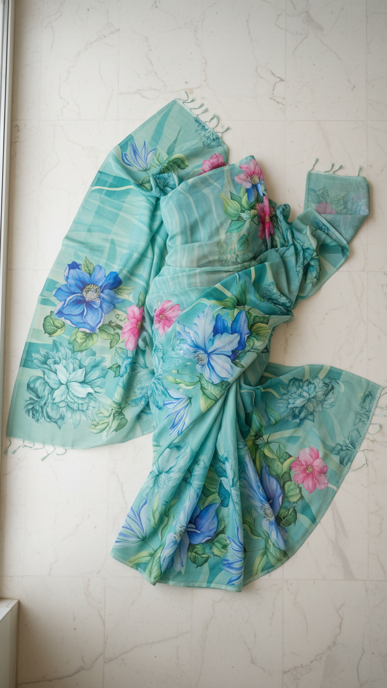 Seafoam Teal Soft Crepe Saree | Artistic Botanical Floral Print | Blouse Piece Included