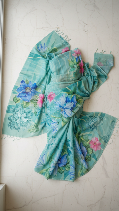 Seafoam Teal Soft Crepe Saree | Artistic Botanical Floral Print | Blouse Piece Included