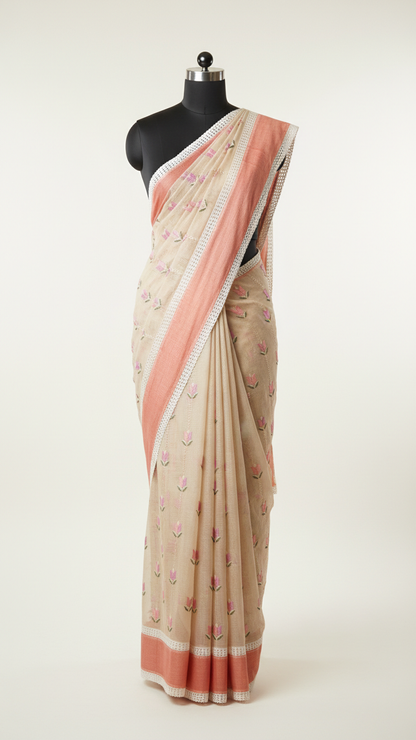 Pure Tissue Saree | Hand Embroidered Tulip Butis with Terracotta Border & Crochet Lace Trim | Blouse Piece Included