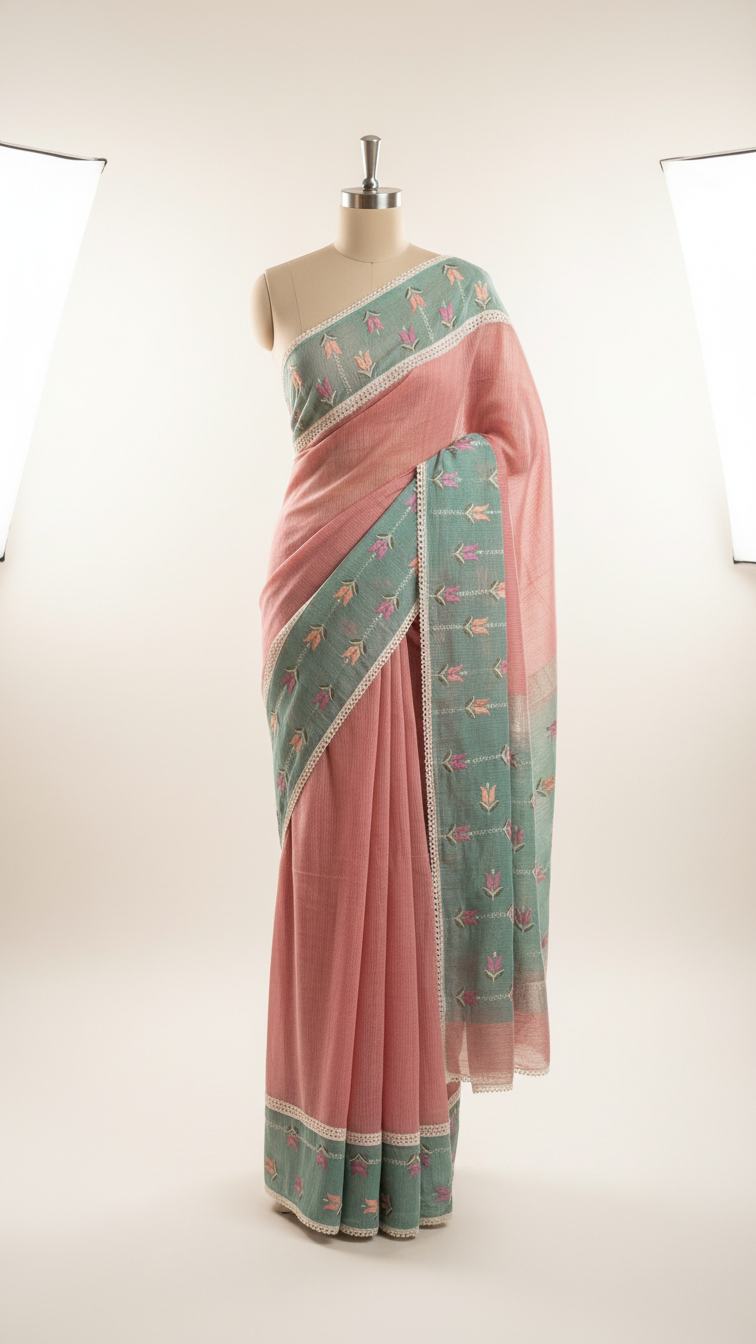 Pure Tissue Saree | Hand Embroidered Tulip Butis with Crochet Lace Border | Blouse Piece Included | 2 Colours