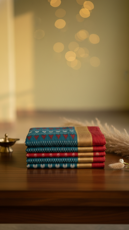 Teal Ikat Print Rasmalai Cotton Saree | Red & White Heart Motifs | Gold Zari Border | Blouse Piece Included