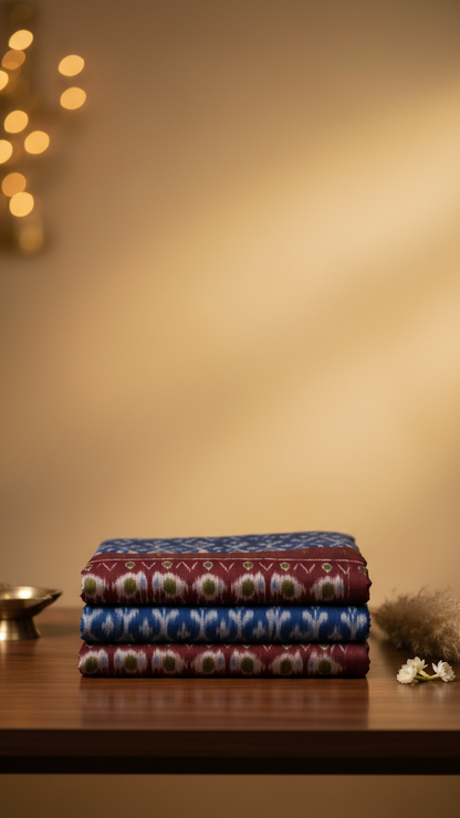 Indigo Blue Rasmalai Cotton Saree | Ikat Print with Maroon Border & Tassel Fringe | Blouse Piece Included