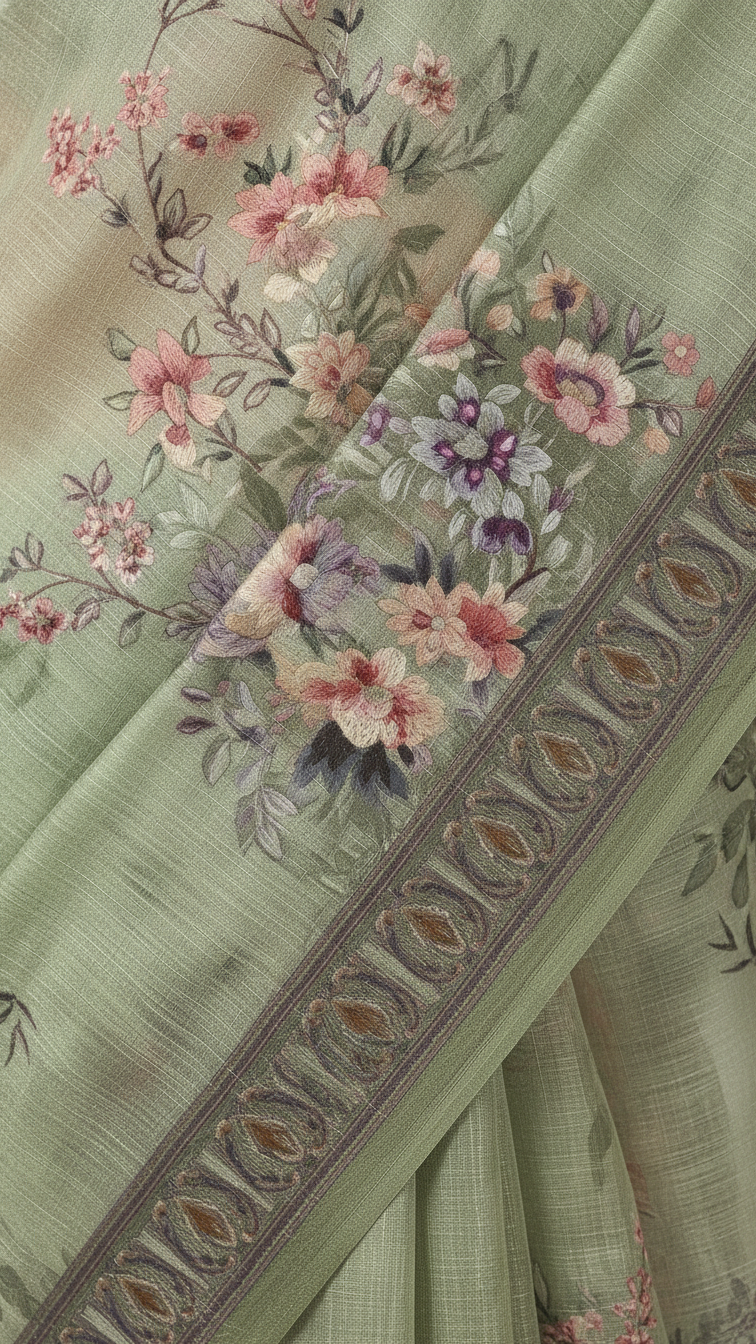 Pista Green Sanchita Chanderi Saree | Digital Floral Print | Woven Paisley Border | Blouse Piece Included