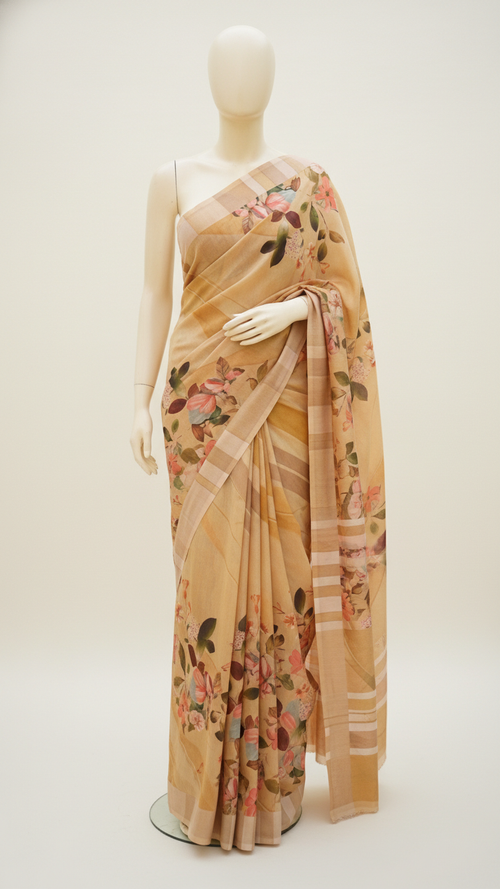 Golden Beige Soft Crepe Saree | Watercolour Botanical Floral Print | Blouse Piece Included