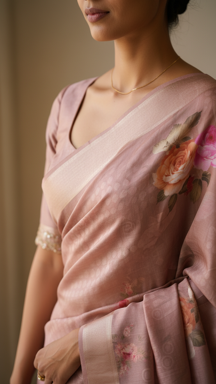 Dusty Rose Soft Crepe Saree | Romantic Rose Bouquet Print | Blouse Piece Included
