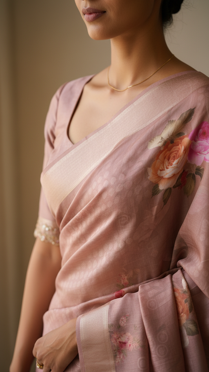 Dusty Rose Soft Crepe Saree | Romantic Rose Bouquet Print | Blouse Piece Included