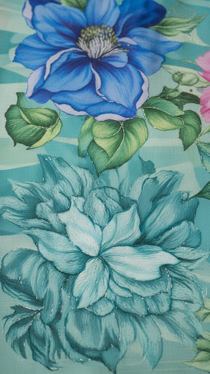Seafoam Teal Soft Crepe Saree | Artistic Botanical Floral Print | Blouse Piece Included