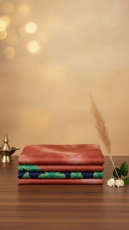 Rust Terracotta Rasmalai Cotton Saree | Bold Tropical Leaf Print Border | Blouse Piece Included