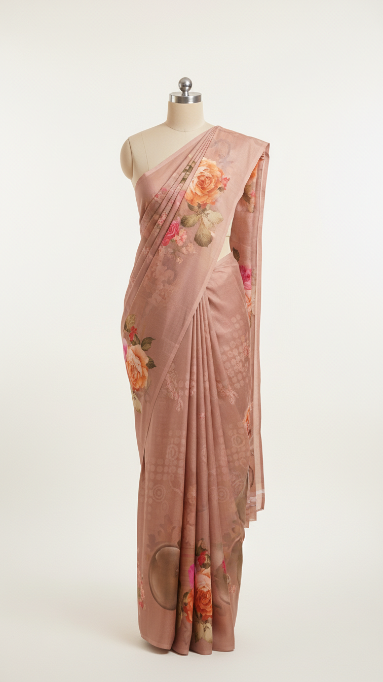 Dusty Rose Soft Crepe Saree | Romantic Rose Bouquet Print | Blouse Piece Included