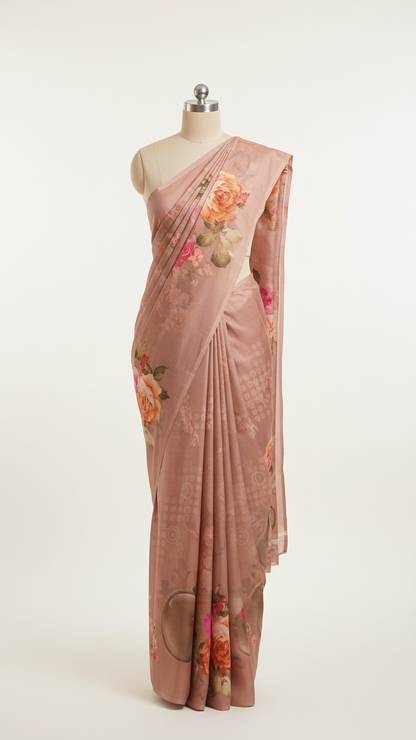 Dusty Rose Soft Crepe Saree | Romantic Rose Bouquet Print | Blouse Piece Included