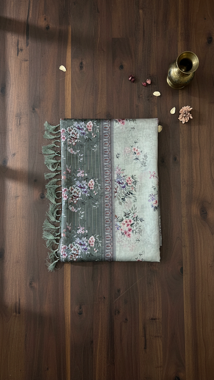 Sage Green Sanchita Chanderi Saree | Digital Floral Print | Woven Paisley Border | Blouse Piece Included