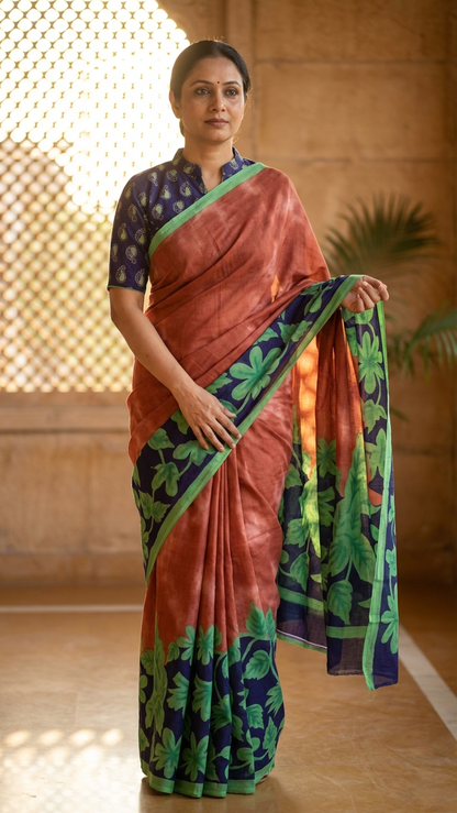 Rust Terracotta Rasmalai Cotton Saree | Bold Tropical Leaf Print Border | Blouse Piece Included