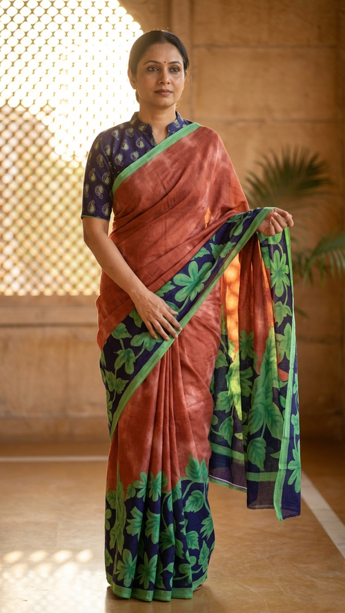 Rust Terracotta Rasmalai Cotton Saree | Bold Tropical Leaf Print Border | Blouse Piece Included