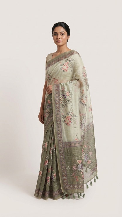 Sage Green Sanchita Chanderi Saree | Digital Floral Print | Woven Paisley Border | Blouse Piece Included