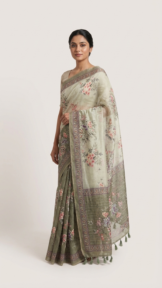 Sage Green Sanchita Chanderi Saree | Digital Floral Print | Woven Paisley Border | Blouse Piece Included