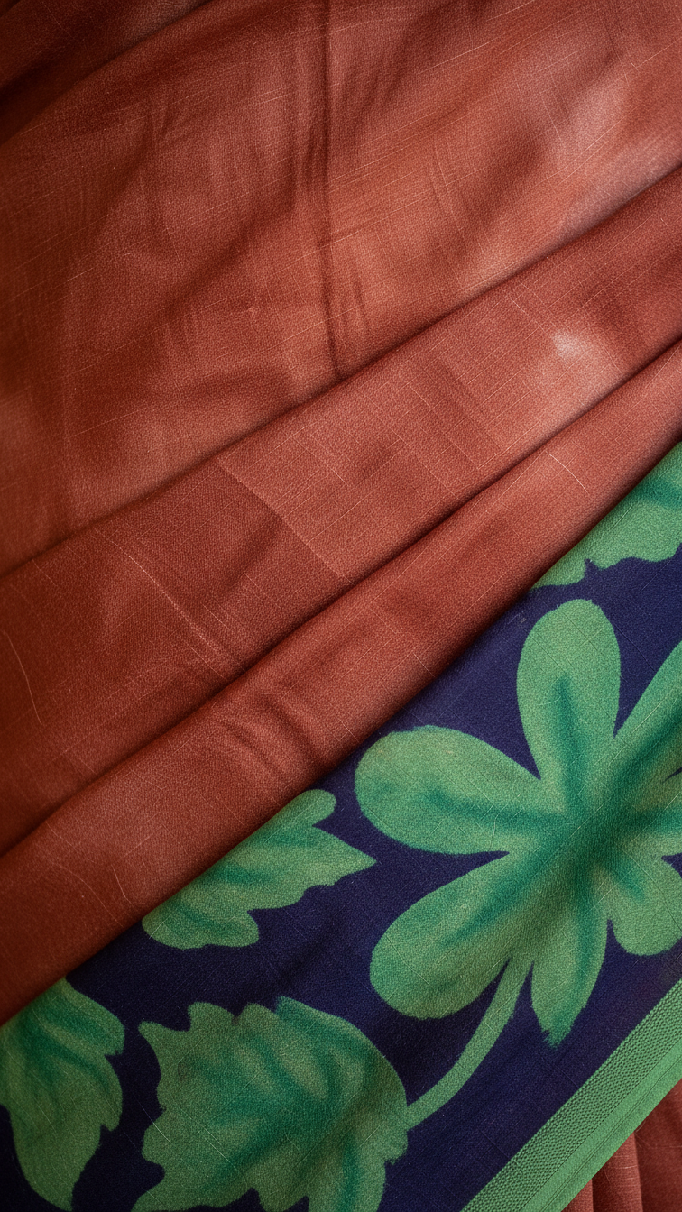 Rust Terracotta Rasmalai Cotton Saree | Bold Tropical Leaf Print Border | Blouse Piece Included