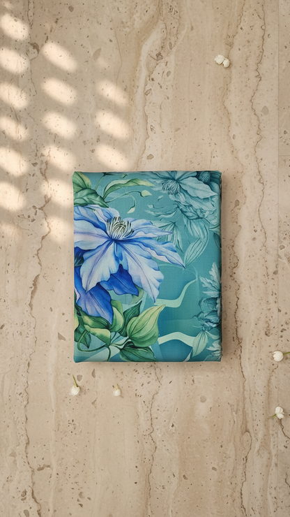 Seafoam Teal Soft Crepe Saree | Artistic Botanical Floral Print | Blouse Piece Included