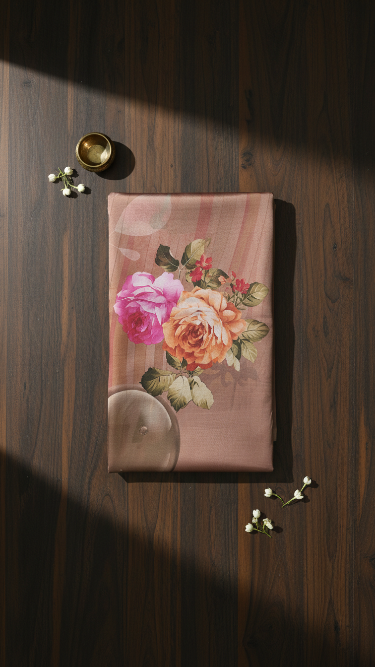 Dusty Rose Soft Crepe Saree | Romantic Rose Bouquet Print | Blouse Piece Included