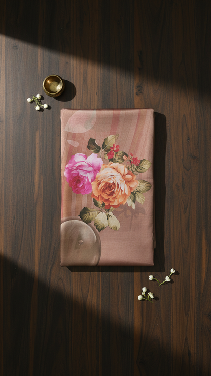 Dusty Rose Soft Crepe Saree | Romantic Rose Bouquet Print | Blouse Piece Included