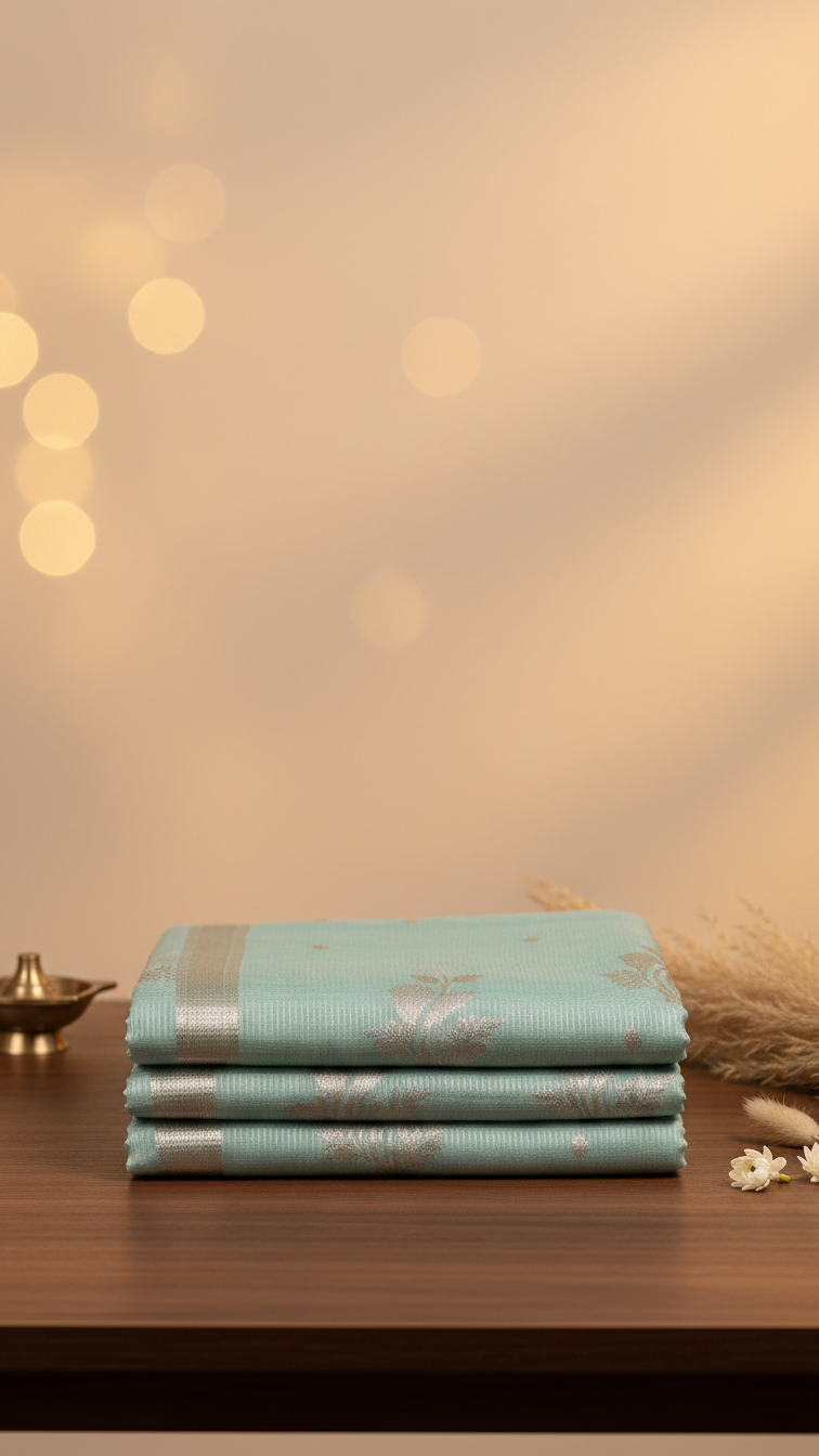 Seafoam Kota Tissue Saree | Woven Silver Zari Butis & Floral Border | Blouse Piece Included