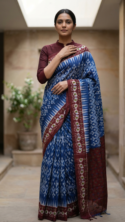 Indigo Blue Rasmalai Cotton Saree | Ikat Print with Maroon Border & Tassel Fringe | Blouse Piece Included