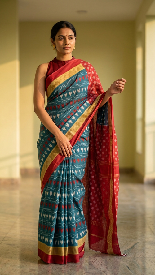 Teal Ikat Print Rasmalai Cotton Saree | Red & White Heart Motifs | Gold Zari Border | Blouse Piece Included