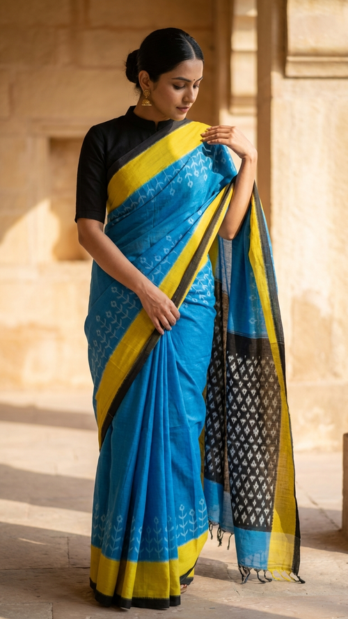 Sky Blue Rasmalai Cotton Saree | White Ikat Print Body | Mustard & Black Border | Blouse Piece Included