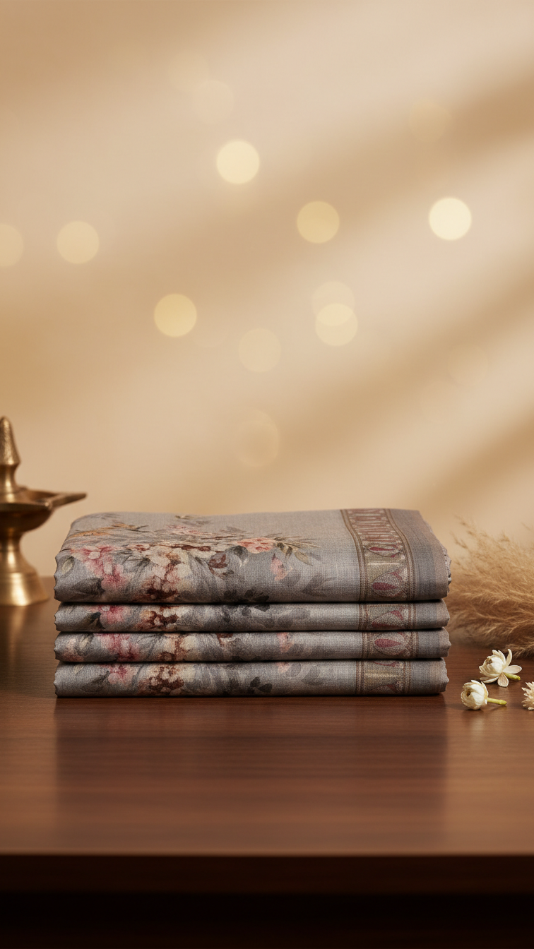 Steel Grey Sanchita Chanderi Saree | Digital Floral Print | Woven Paisley Border | Blouse Piece Included