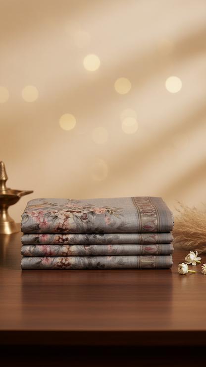 Steel Grey Sanchita Chanderi Saree | Digital Floral Print | Woven Paisley Border | Blouse Piece Included