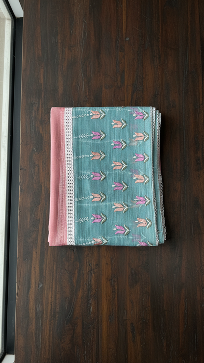 Pure Tissue Saree | Hand Embroidered Tulip Butis with Crochet Lace Border | Blouse Piece Included | 2 Colours