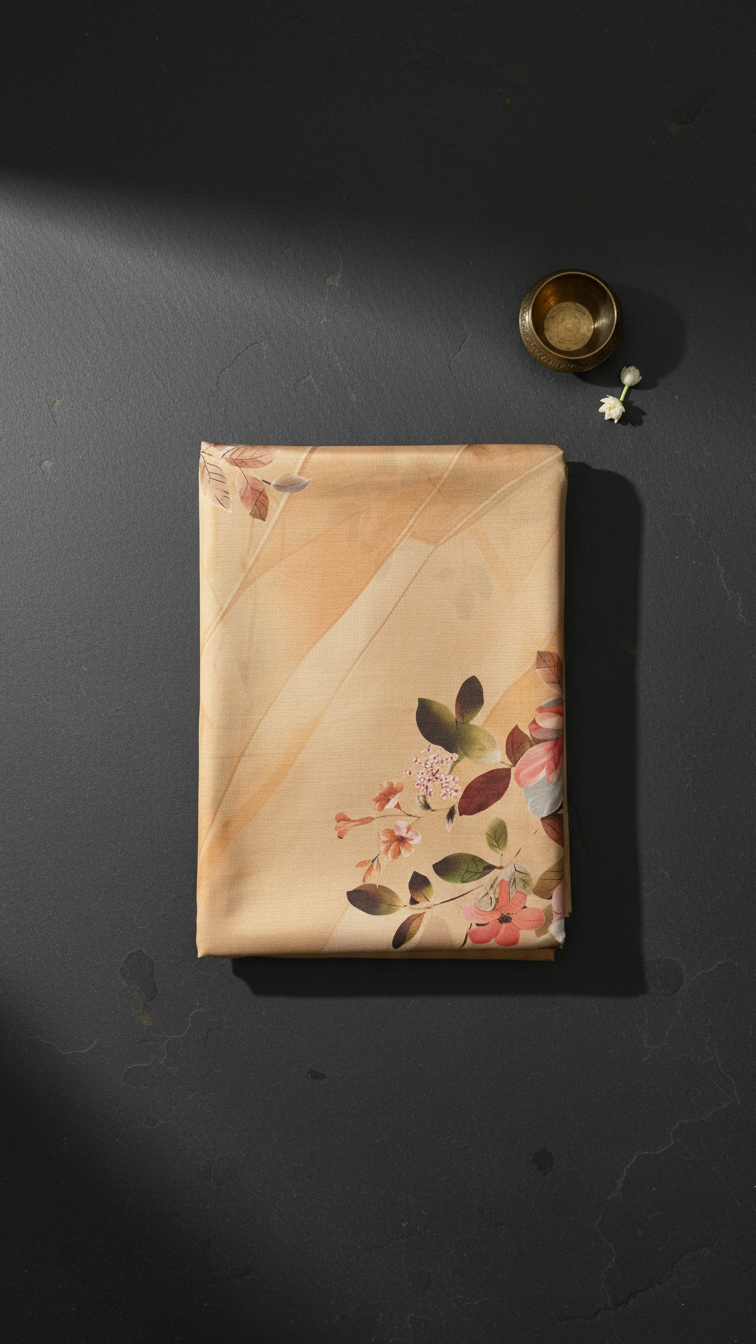 Golden Beige Soft Crepe Saree | Watercolour Botanical Floral Print | Blouse Piece Included