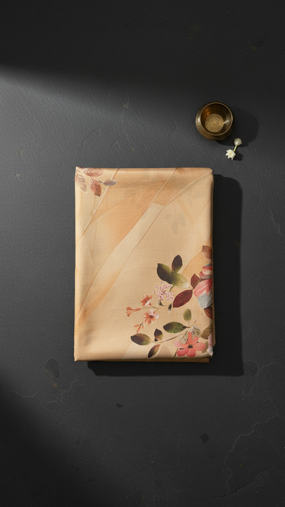 Golden Beige Soft Crepe Saree | Watercolour Botanical Floral Print | Blouse Piece Included