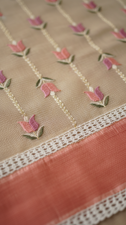 Pure Tissue Saree | Hand Embroidered Tulip Butis with Terracotta Border & Crochet Lace Trim | Blouse Piece Included